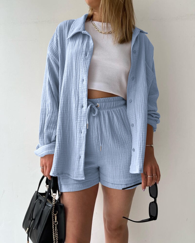 Vyve Solid Pleated Two Piece Pajamas  Set